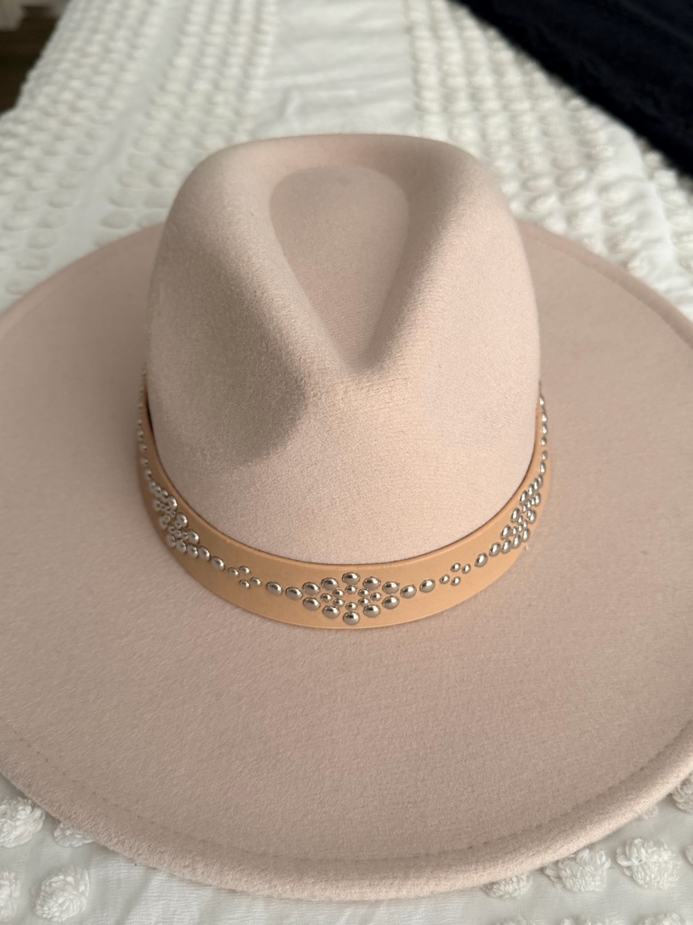 Studded Leather Band Wide Brim Fedora - Blush Pink
